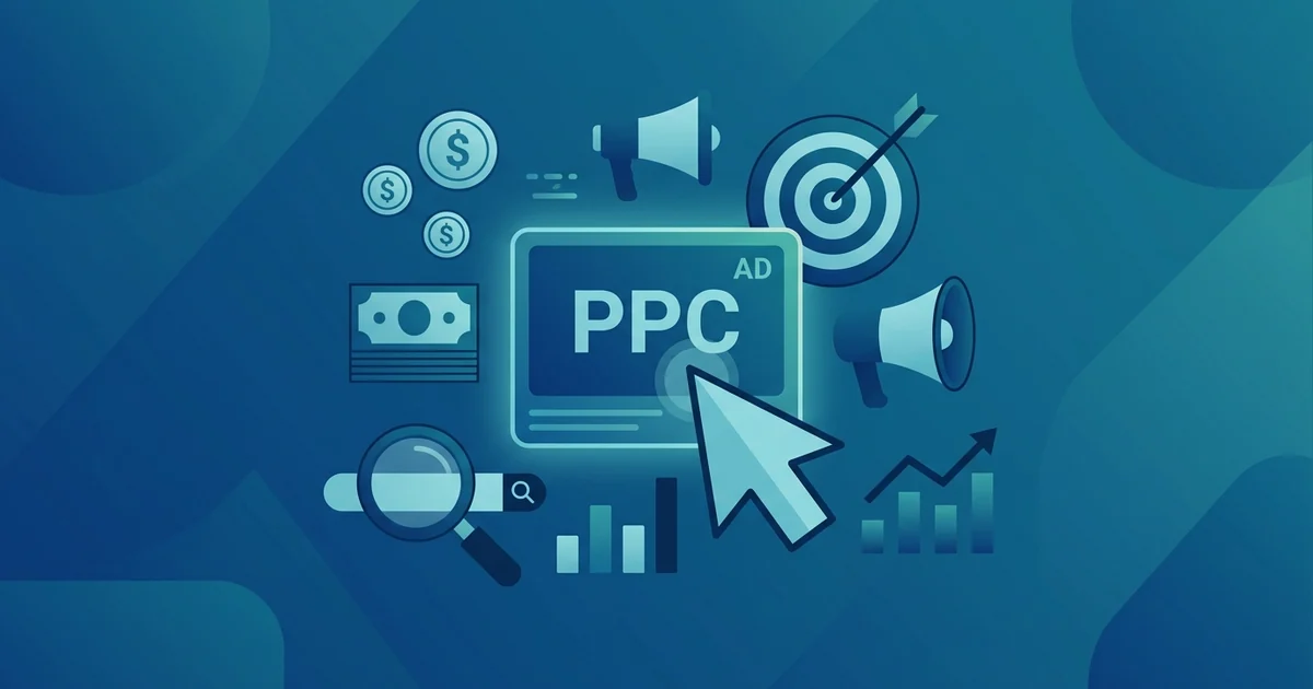 איור PPC — סמן עכבר לוחץ על כרטיס מודעה מודגש עם מטבעות ומטרה על רקע כחול.