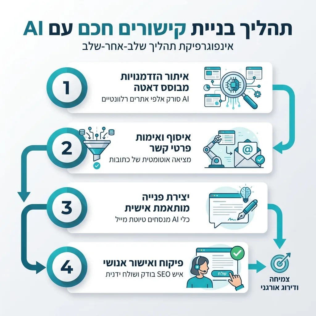 אינפוגרפיקה — תהליך בניית קישורים חכם עם AI: איתור הזדמנויות מבוסס דאטה, איסוף ואימות פרטי קשר, יצירת פנייה מותאמת אישית, פיק