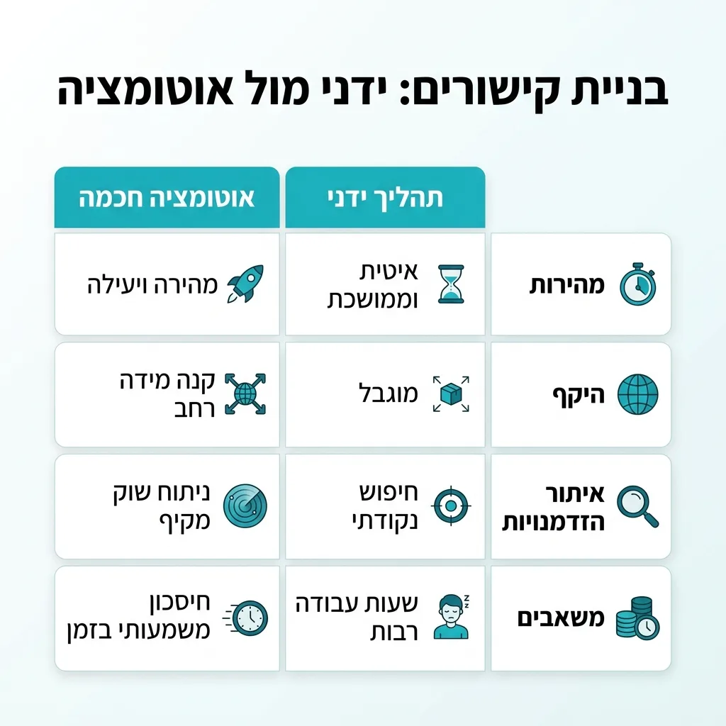 אינפוגרפיקה — בניית קישורים: ידני מול אוטומציה: השוואה בין תהליך ידני, אוטומציה חכמה