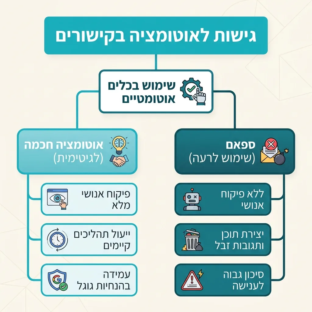 אינפוגרפיקה — גישות לאוטומציה בקישורים: שימוש בכלים אוטומטיים