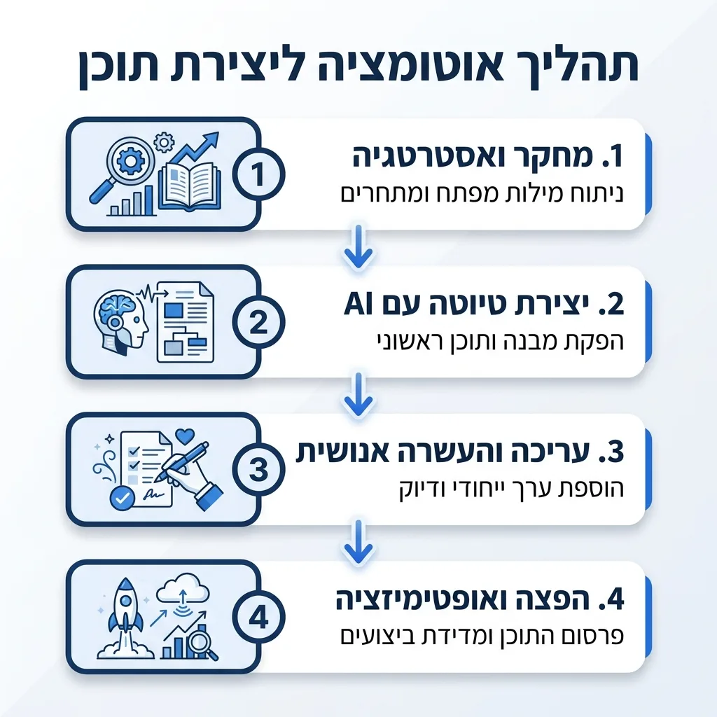 אינפוגרפיקה — תהליך אוטומציה ליצירת תוכן: מחקר ואסטרטגיה, יצירת טיוטה עם AI, עריכה והעשרה אנושית, הפצה ואופטימיזציה