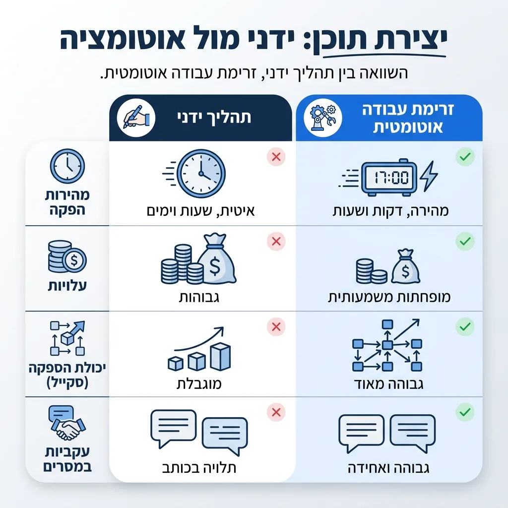 אינפוגרפיקה — יצירת תוכן: ידני מול אוטומציה: השוואה בין תהליך ידני, זרימת עבודה אוטומטית