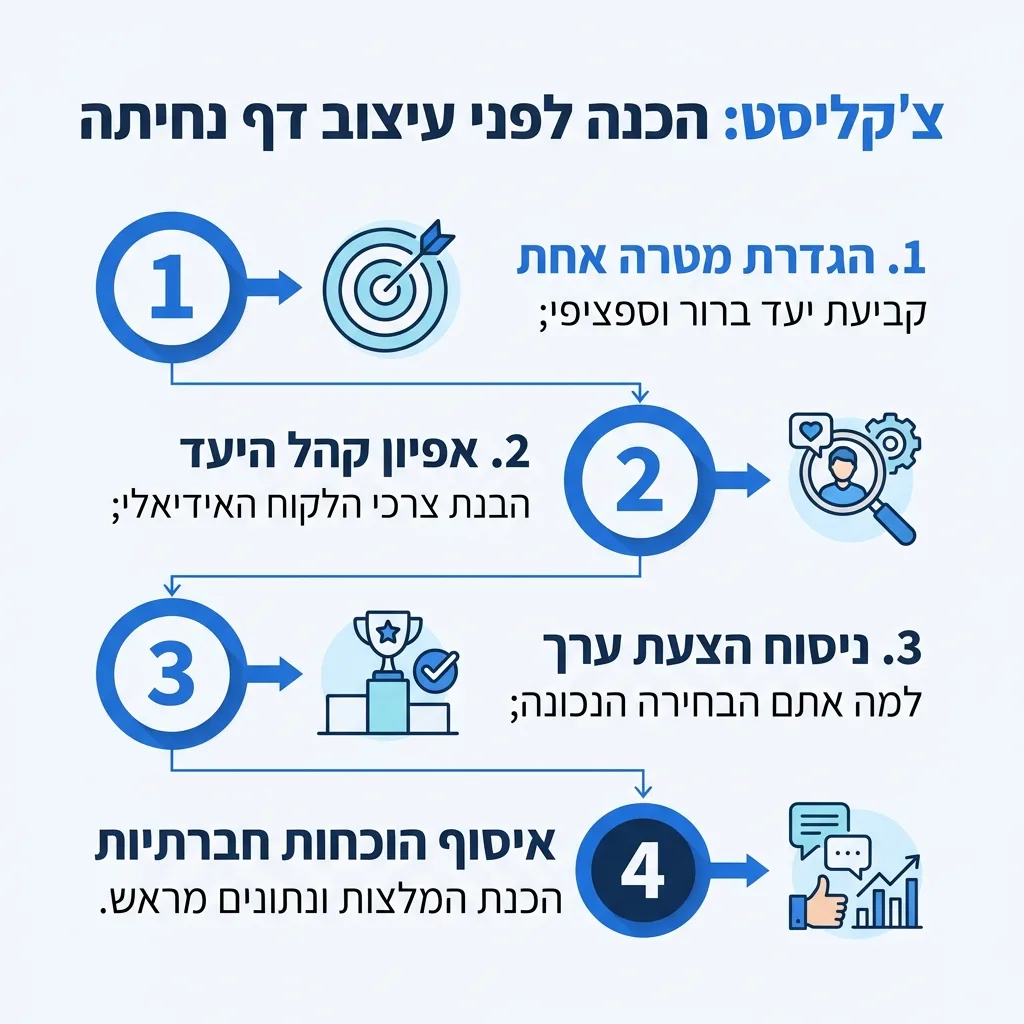 אינפוגרפיקה — צ'קליסט: הכנה לפני עיצוב דף נחיתה: הגדרת מטרה אחת, אפיון קהל היעד, ניסוח הצעת ערך, איסוף הוכחות חברתיות