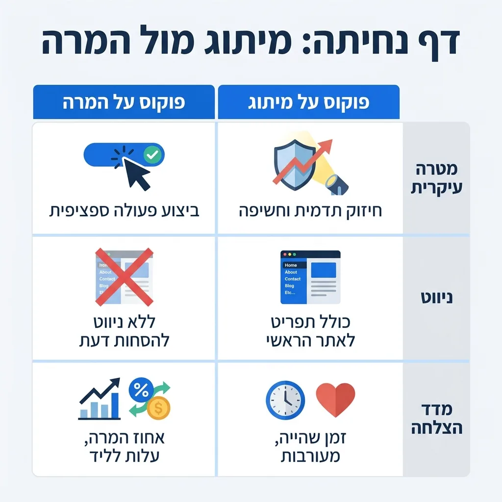 אינפוגרפיקה — דף נחיתה: מיתוג מול המרה: השוואה בין פוקוס על מיתוג, פוקוס על המרה
