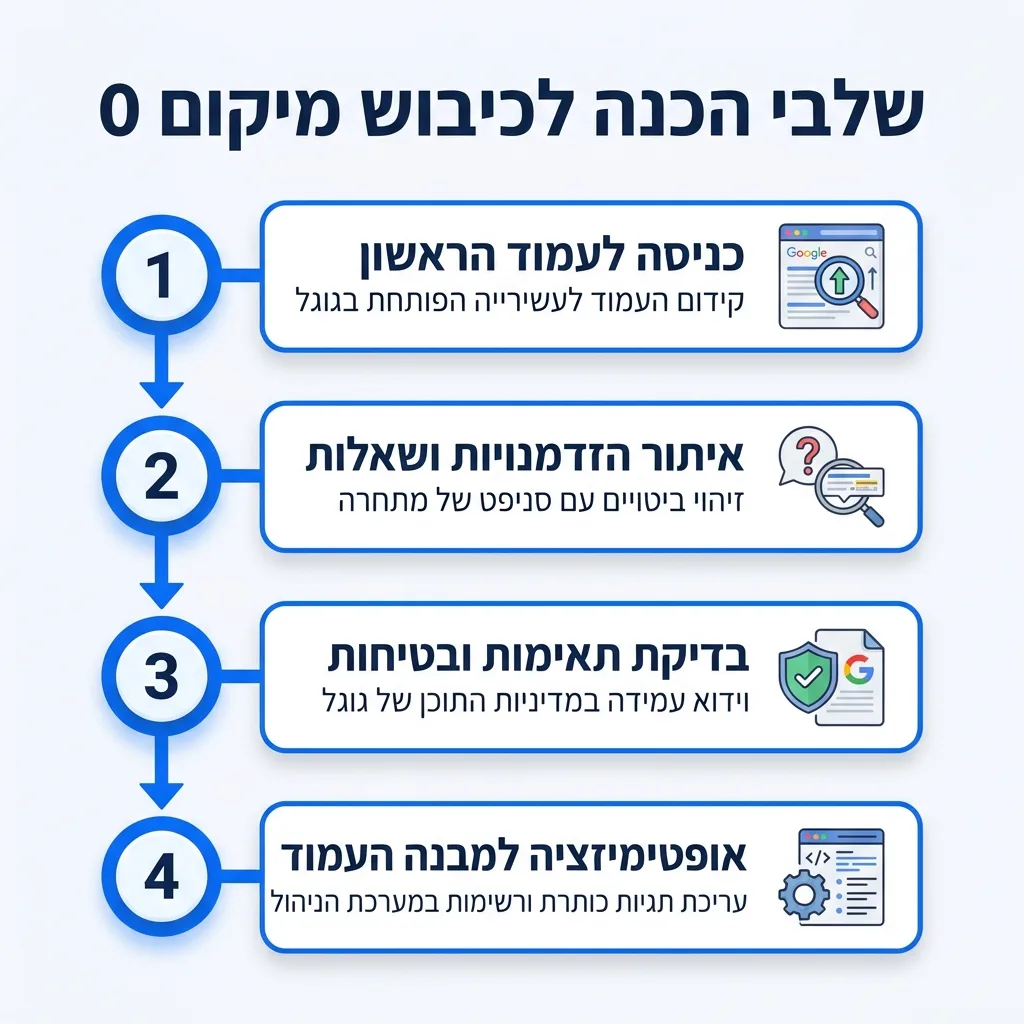 אינפוגרפיקה — שלבי הכנה לכיבוש מיקום 0: כניסה לעמוד הראשון, איתור הזדמנויות ושאלות, בדיקת תאימות ובטיחות, אופטימיזציה למבנה ה