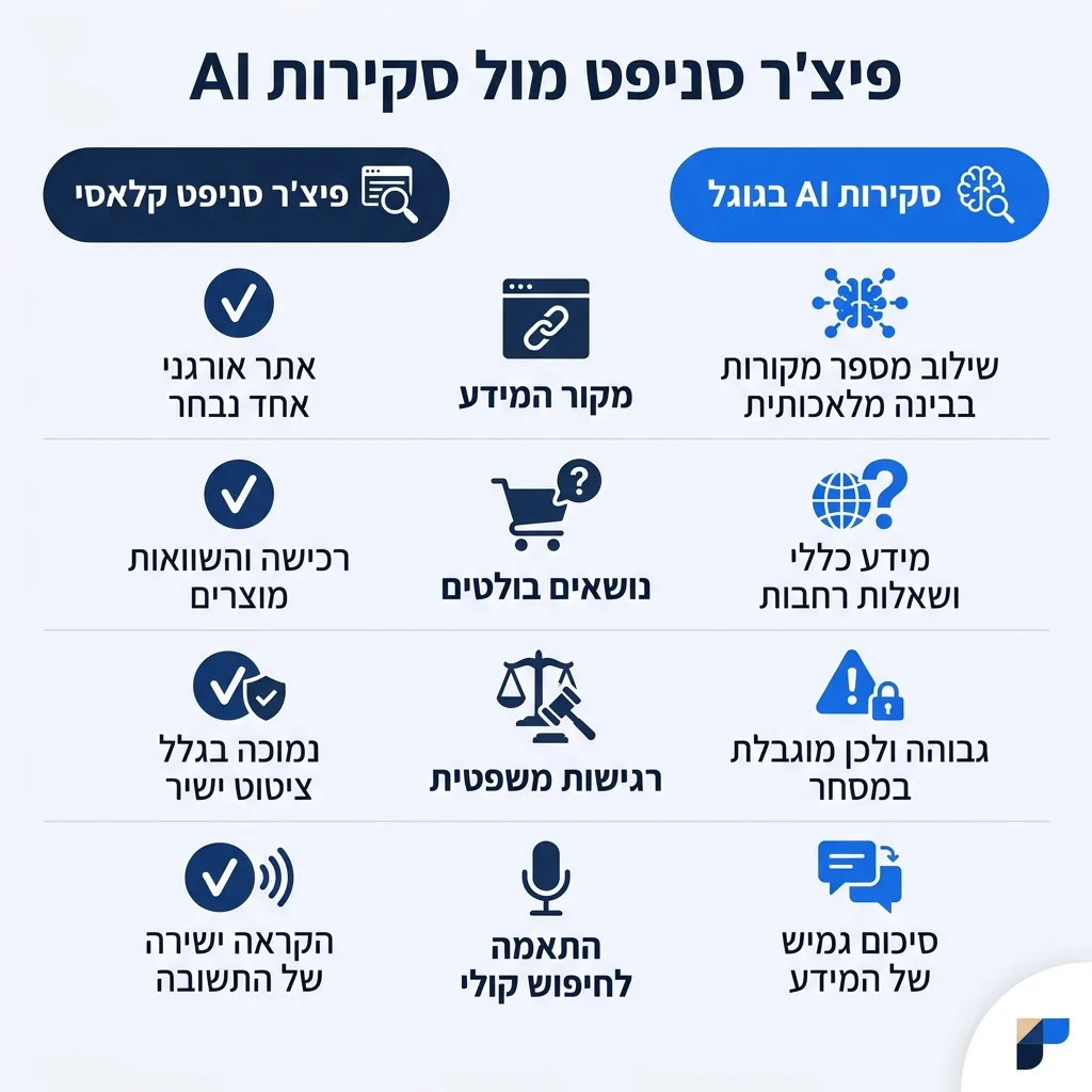 אינפוגרפיקה — פיצ'ר סניפט מול סקירות AI: השוואה בין פיצ'ר סניפט קלאסי, סקירות AI בגוגל