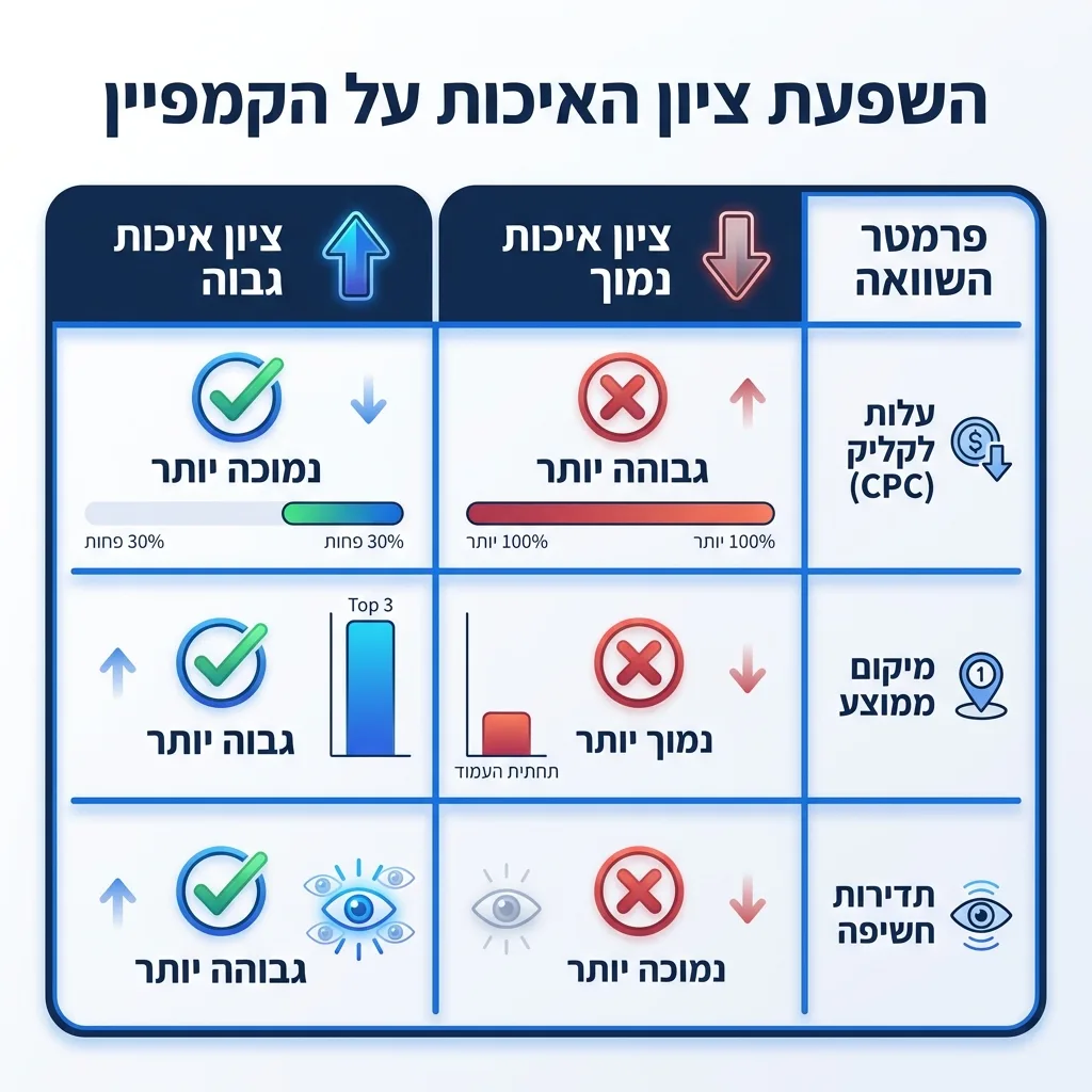 אינפוגרפיקה — השפעת ציון האיכות על הקמפיין: השוואה בין ציון איכות גבוה, ציון איכות נמוך