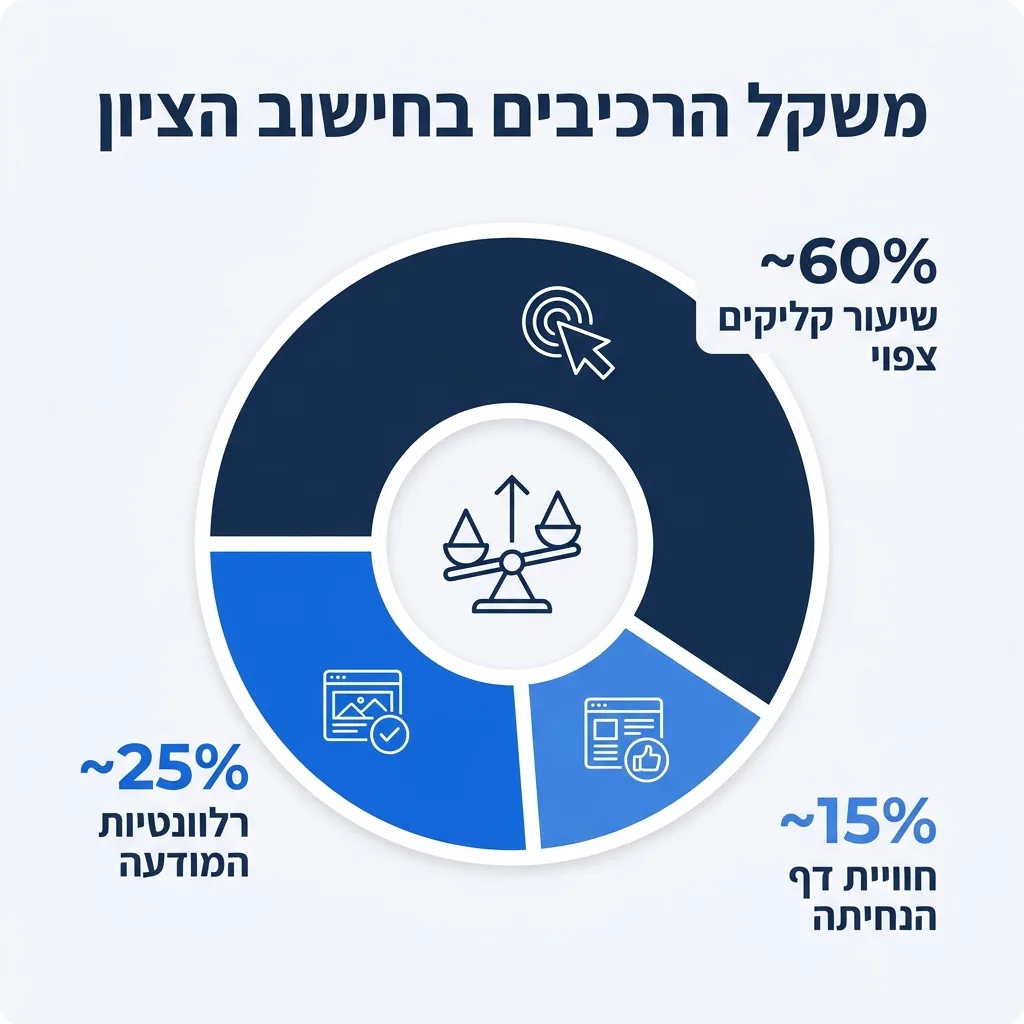 אינפוגרפיקה — משקל הרכיבים בחישוב הציון: שיעור קליקים צפוי, רלוונטיות המודעה, חוויית דף הנחיתה