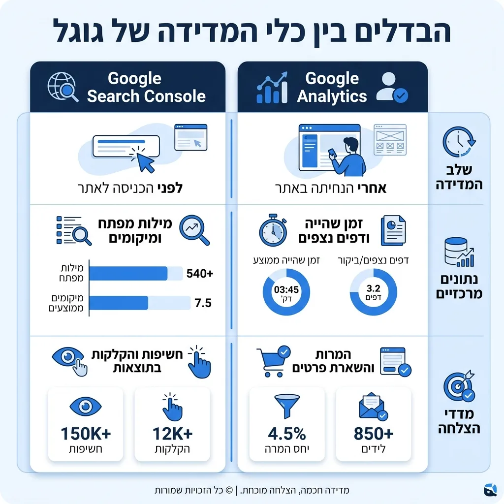 אינפוגרפיקה — הבדלים בין כלי המדידה של גוגל: השוואה בין Google Search Console, Google Analytics