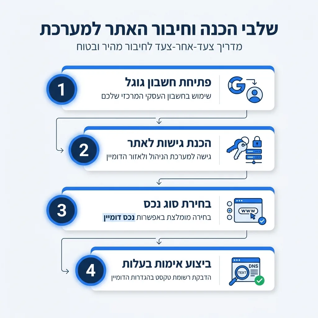 אינפוגרפיקה — שלבי הכנה וחיבור האתר למערכת: פתיחת חשבון גוגל, הכנת גישות לאתר, בחירת סוג נכס, ביצוע אימות בעלות