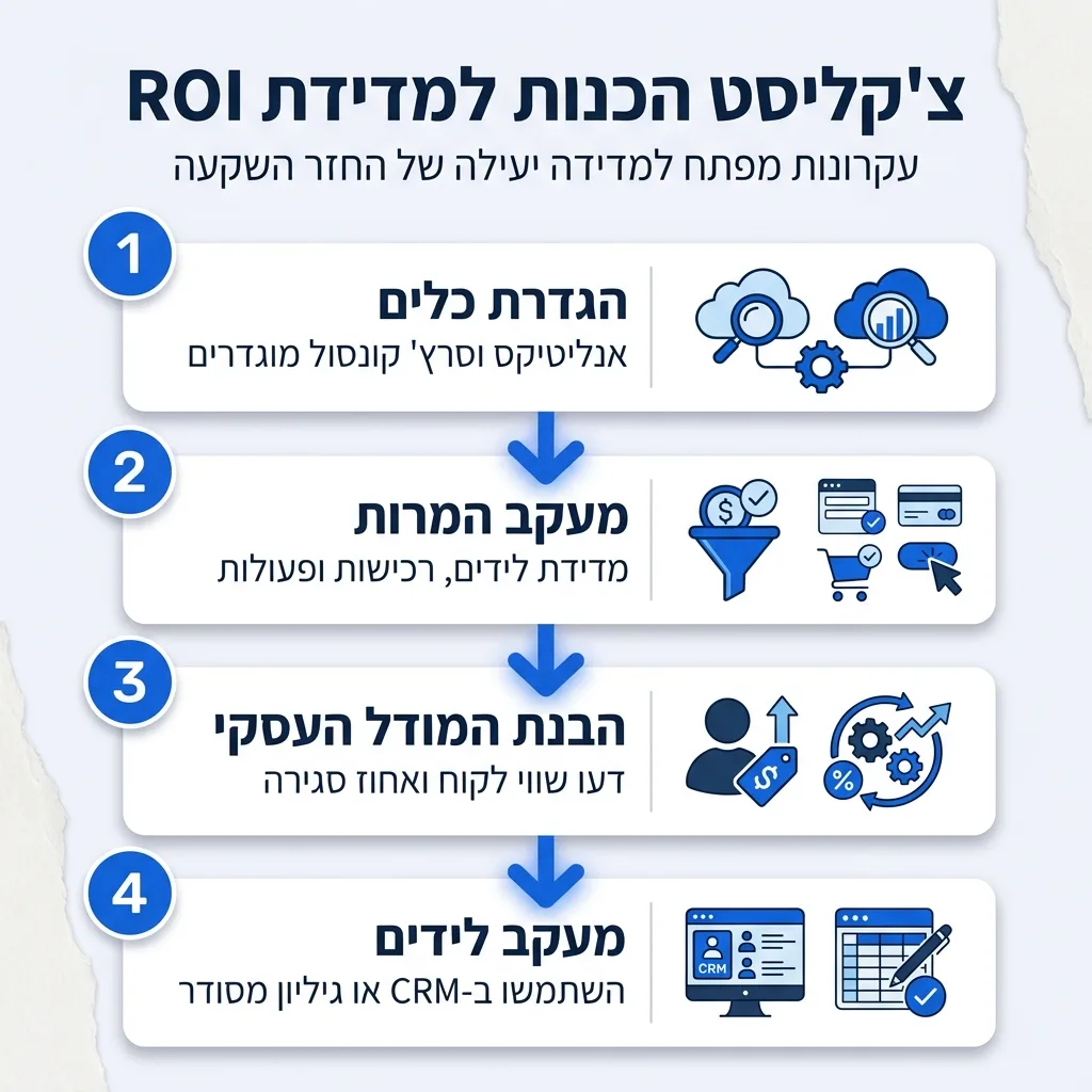 אינפוגרפיקה — צ'קליסט ዝግጅת למדידת ROI: הגדרת כלים, מעקב המרות, הבנת המודל העסקי, מעקב לידים