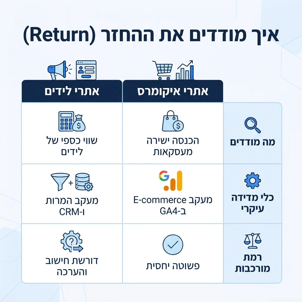 אינפוגרפיקה — איך מודדים את ההחזר (Return): השוואה בין אתרי איקומרס, אתרי לידים