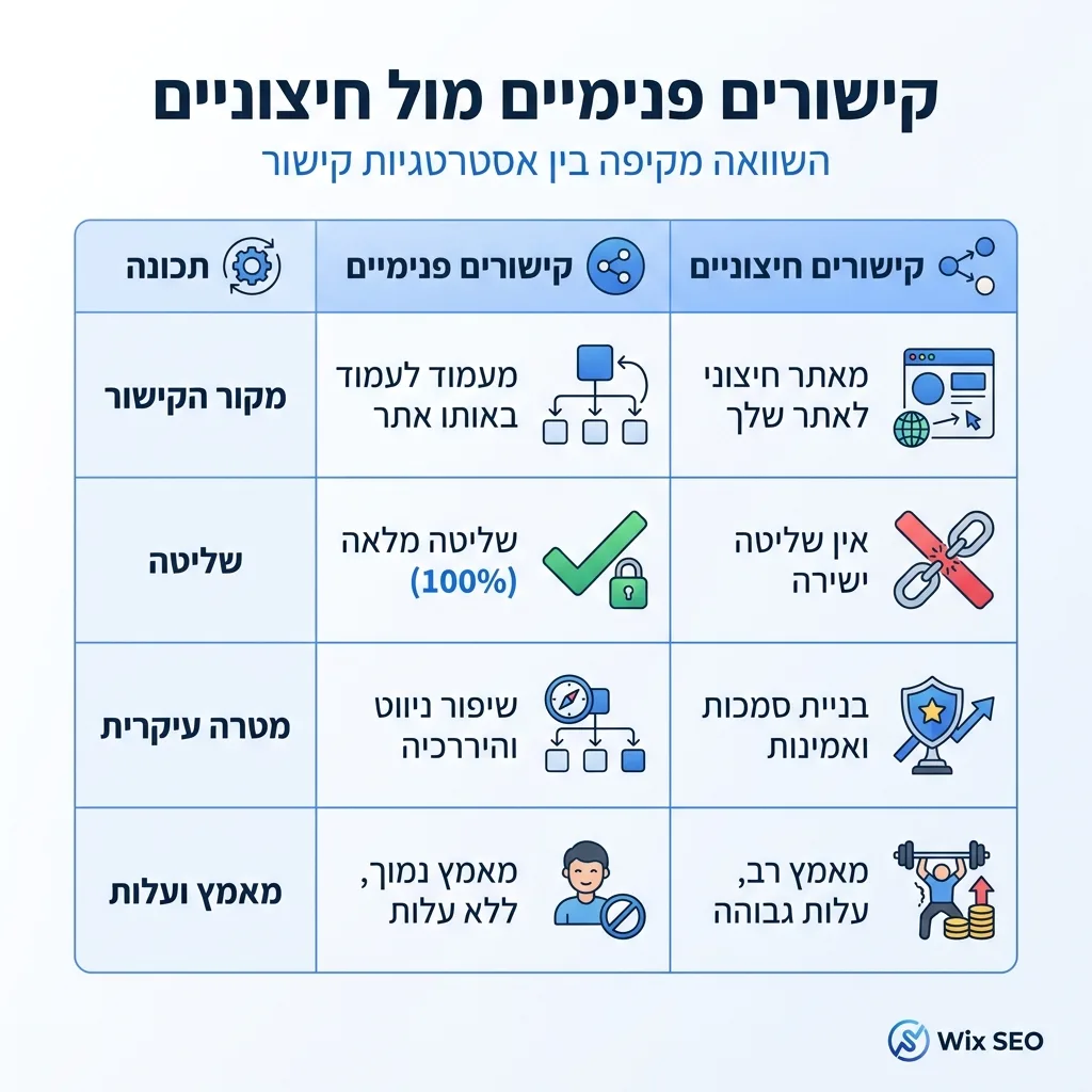 אינפוגרפיקה — קישורים פנימיים מול חיצוניים: השוואה בין קישורים פנימיים, קישורים חיצוניים