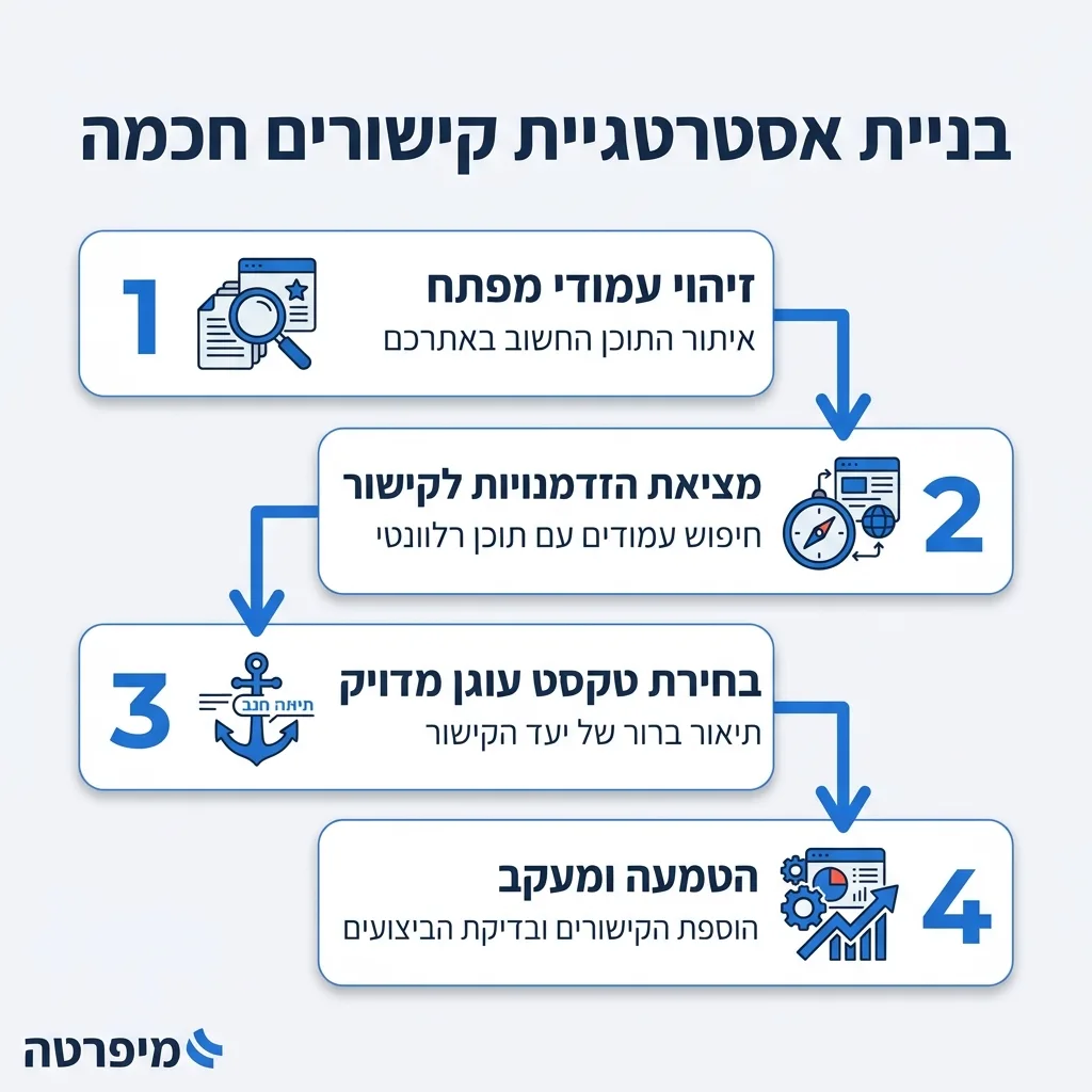 אינפוגרפיקה — בניית אסטרטגיית קישורים חכמה: זיהוי עמודי מפתח, מציאת הזדמנויות לקישור, בחירת טקסט עוגן מדויק, הטמעה ומעקב