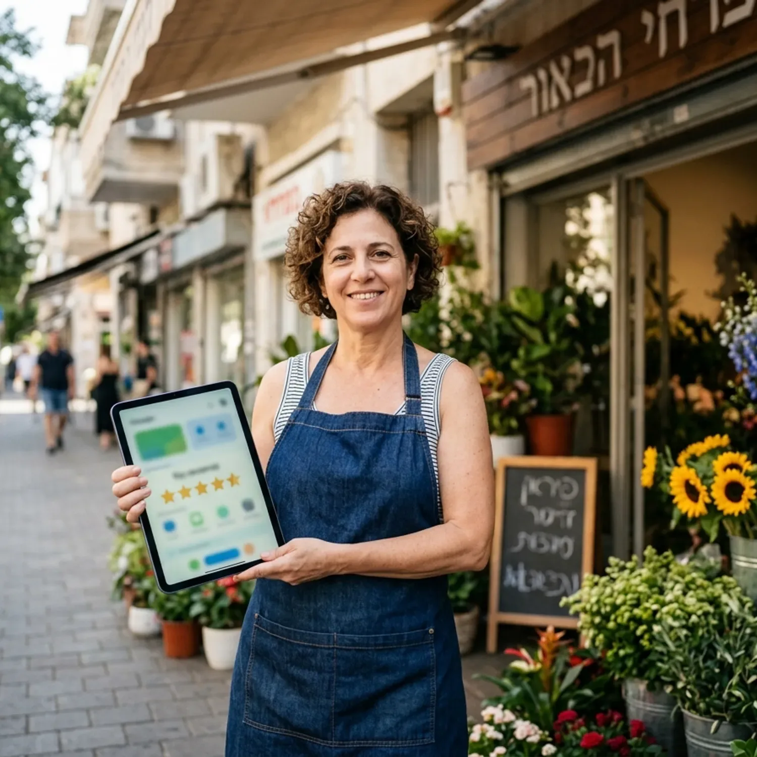 צילום ריאליסטי של בעלת עסק קטן עומדת מחוץ לחנות הפרחים שלה, מחזיקה טאבלט המציג את פרופיל העסק שלה בגוגל מפות עם דירוג 5 כוכבים, ברקע רחוב ישראלי שטוף שמש.