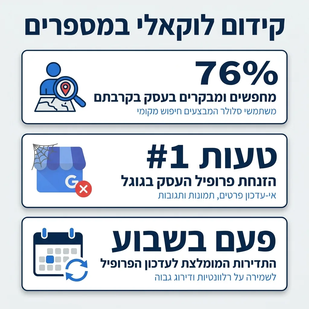 אינפוגרפיקה — קידום לוקאלי במספרים: מחפשים ומבקרים בעסק בקרבתם, הזנחת פרופיל העסק בגוגל, התדירות המומלצת לעדכון הפרופיל