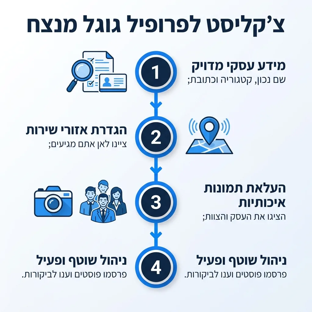 אינפוגרפיקה — צ'קליסט לפרופיל גוגל מנצח: מידע עסקי מדויק, הגדרת אזורי שירות, העלאת תמונות איכותיות, ניהול שוטף ופעיל