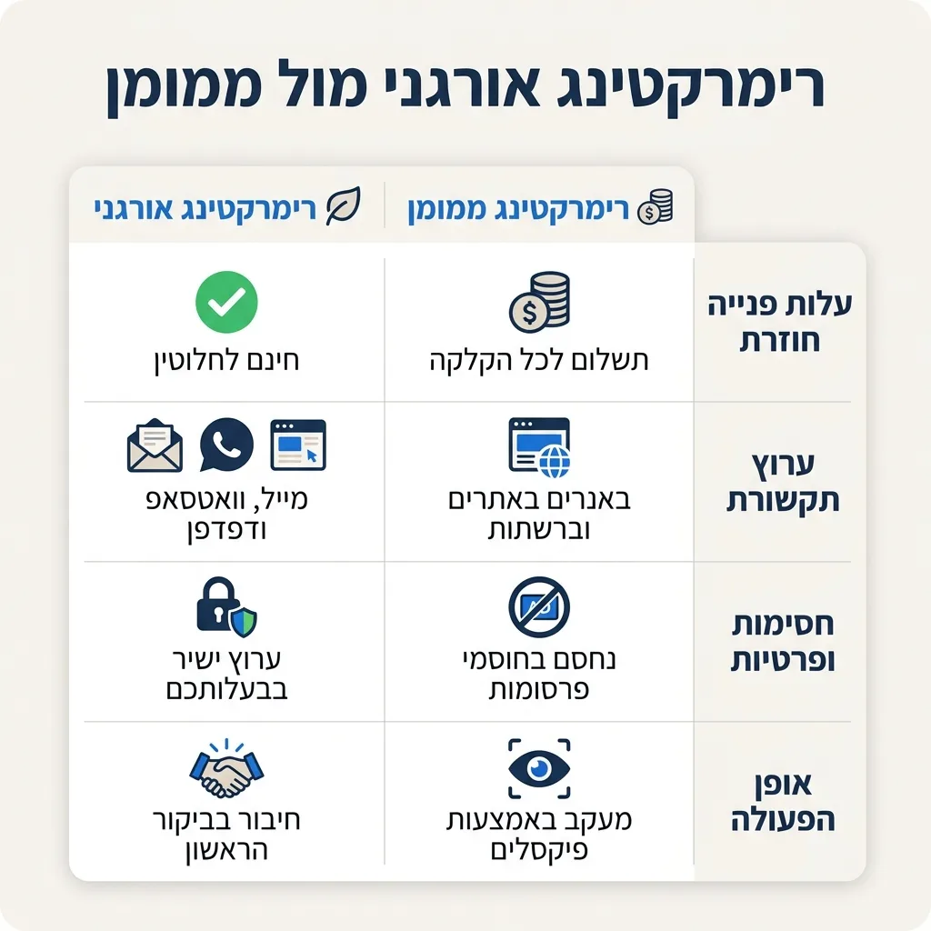 אינפוגרפיקה — רימרקטינג אורגני מול ממומן: השוואה בין רימרקטינג אורגני, רימרקטינג ממומן