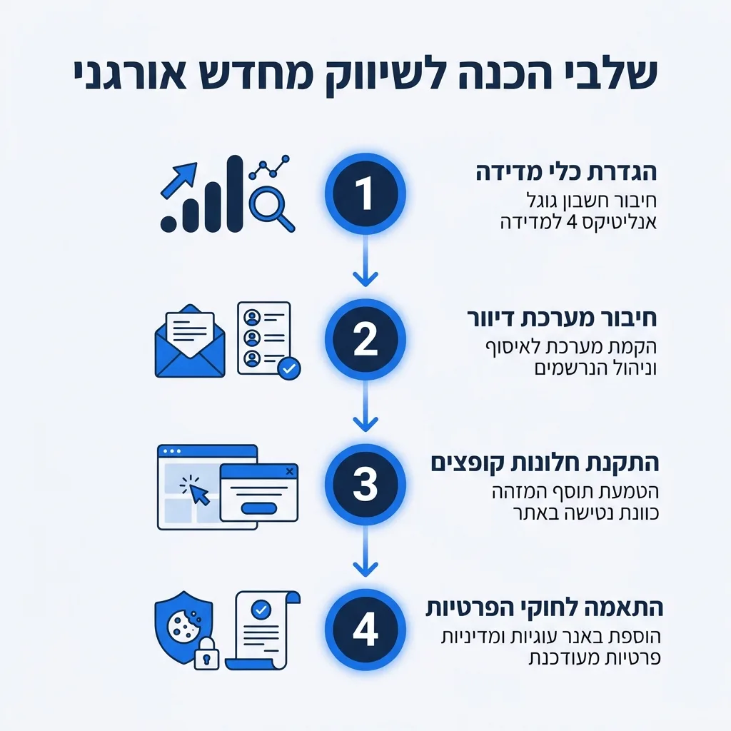 אינפוגרפיקה — שלבי הכנה לשיווק מחדש אורגני: הגדרת כלי מדידה, חיבור מערכת דיוור, התקנת חלונות קופצים, התאמה לחוקי הפרטיות