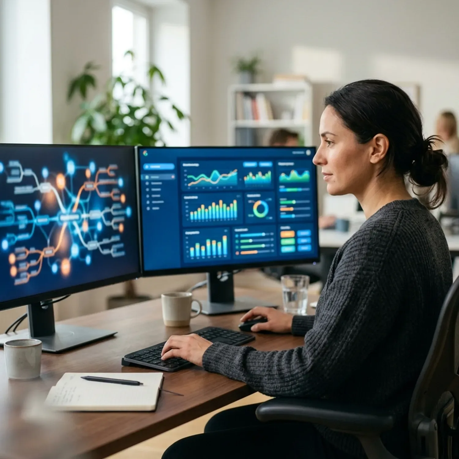 צילום ריאליסטי של אסטרטג SEO יושב מול שני מסכים במשרד מואר. על מסך אחד מפת חשיבה דיגיטלית עם נושאים מרכזיים ותתי-נושאים. על המסך השני כלי מחקר מילות מפתח עם גרפים. פוקוס על המסכים.
