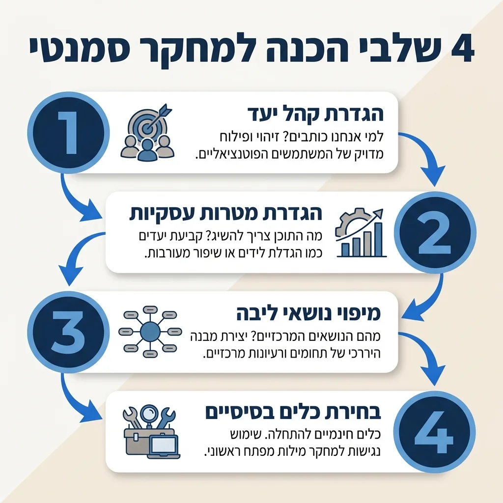 אינפוגרפיקה — 4 שלבי הכנה למחקר סמנטי: הגדרת קהל יעד, הגדרת מטרות עסקיות, מיפוי נושאי ליבה, בחירת כלים בסיסיים