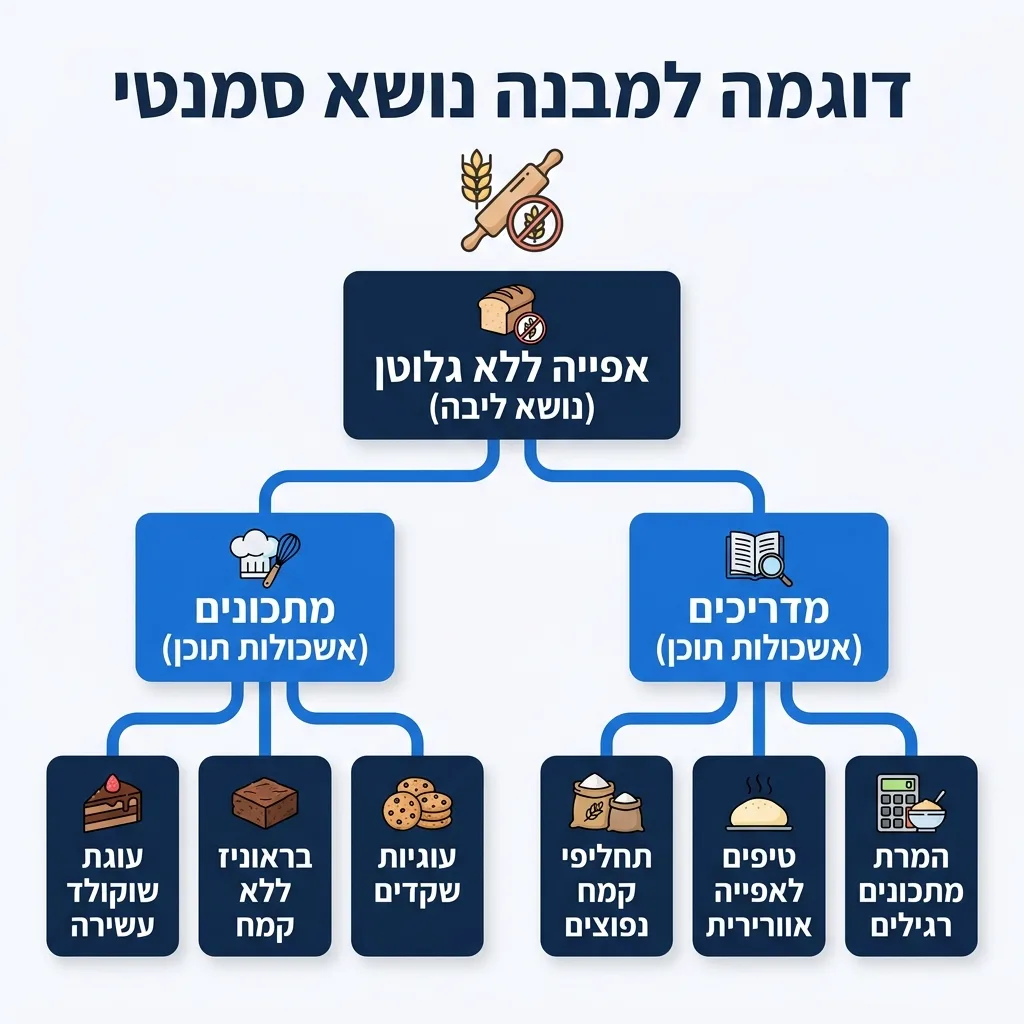 אינפוגרפיקה — דוגמה למבנה נושא סמנטי: אפייה ללא גלוטן (נושא ליבה)